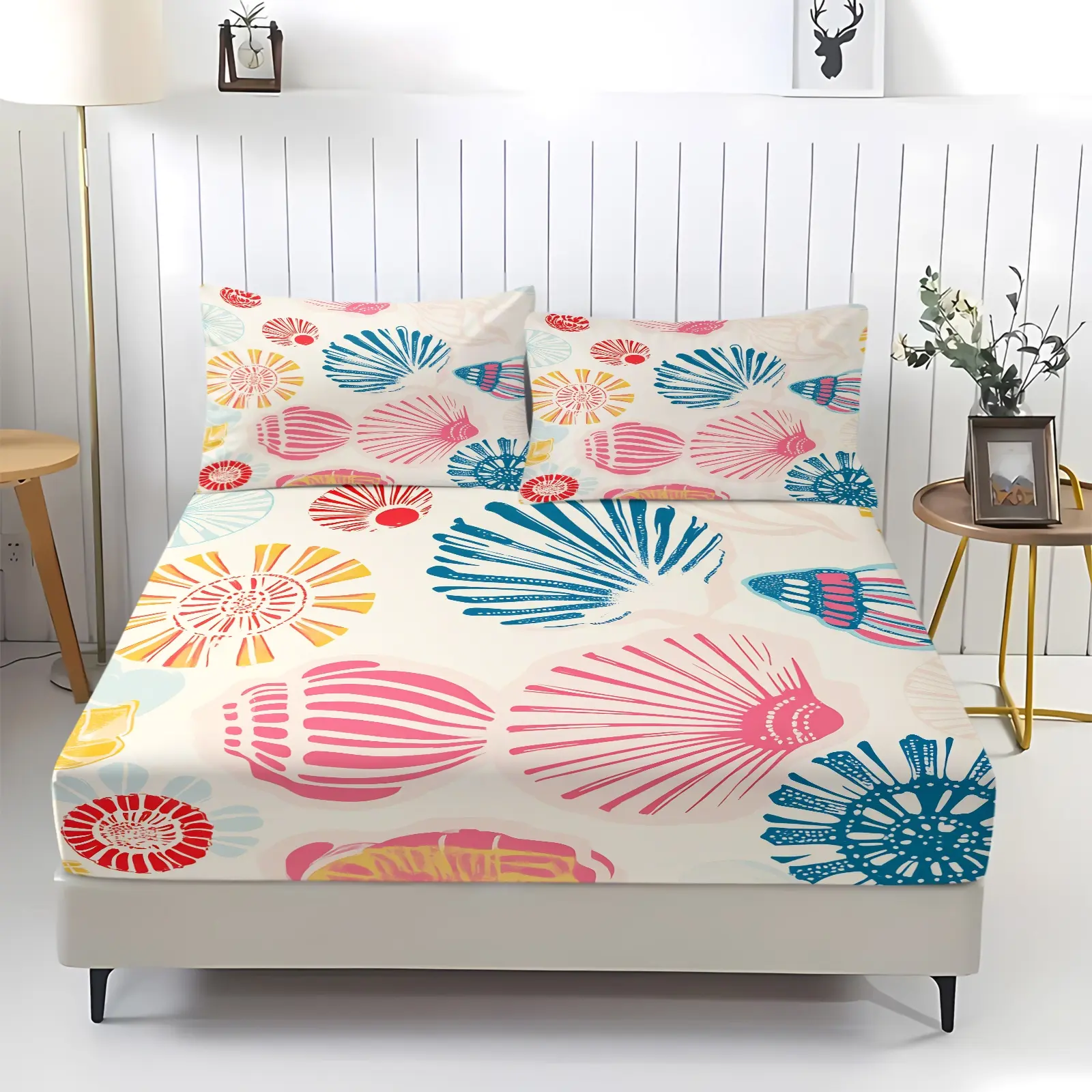Pastel Ocean Shell 3-Piece Fitted Sheet Set with 2 Pillow Shams, Matching Pillow Shams With Same Hand-drawn Seashell Pattern, Stable Slip-proof Fit, Light Soft Cloth, Fresh Unique Furnishing For Student Dorm & Beach Themed Rental