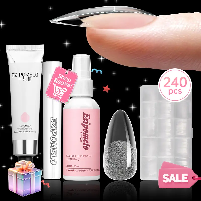 EZIPOMLEO Instant Apex Nail Tips Set, 240Pcs Pre-Building Pre-Etched Gel Nail art Tips Thicker Acrylic Nails Strong Full Cover False Nail Extension Building 15 Sizes,with Solid Nail Glue Gel(30g), Handheld UV Lamp, Nail Remover, and a Tool kit.