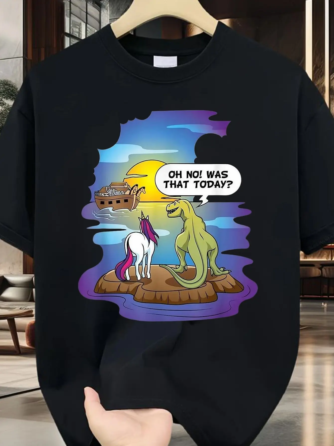 Noah's Ark Christian Bibble The Last Unicorn Dinosaur T-Shirt Funny Christmas Shirt Men's Graphic Tee Black 100% Soft and Comfortable Crew Neck Regular Fit All-Season Wear PLUS SIZE