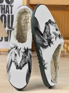 Mandala Cotton Slippers, Base with Realistic Horse Illustrations, Textile Upper Material, Casual Home Footwear for Fall & Winter