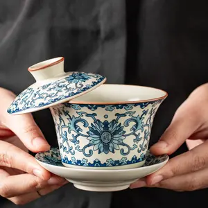 Kung Fu tea set with a floating three-talents gaiwan, Chinese-style high-end ceramic for home use, Ru kiln crackle glaze, suitable for nurturing, tea cup and bowl