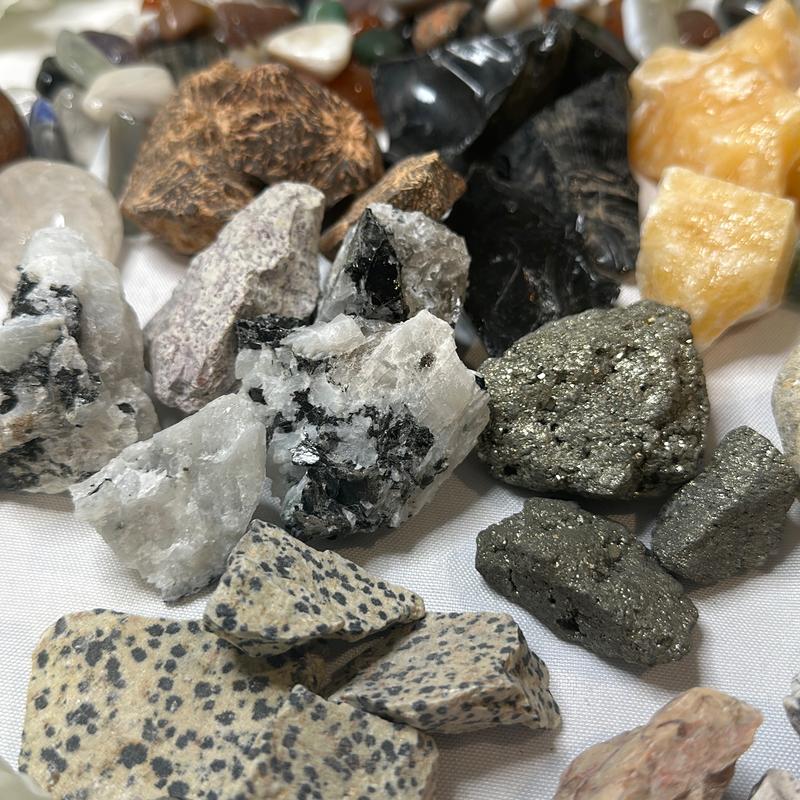 Mixed Gallon Mining Bucket with over 4 lbs of Polished and raw crystals, pyrite, amethyst, black obsidian, rainbow moonstone, green jasper, and spider jasper home decor natural crystal