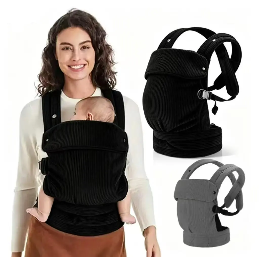 Ergonomic black corduroy baby carrier, lightweight & hands-free design. Fits infants & toddlers 7–44 lbs (3–20kg). Great for outdoor strolls, travel trips, ideal baby shower gift for new parents.