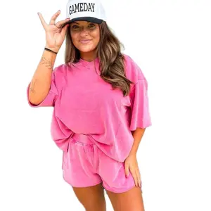 Pretty In Pink 2 Piece Set - Soft Pink V-Neck Top & Matching Shorts, Loose-Fitting, 84% Cotton, 16% Polyester, Perfect for Brunch & Casual Outings