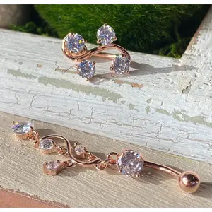 Rose Gold Plated Vine Belly Ring Pierced Navel Dangle Reverse CZ Gems
