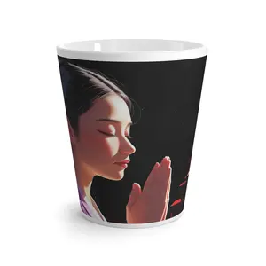 Lei. Elegant Praying Woman Latte Mug, Inspirational Coffee Cup, Gift for Tea Lovers, Zen Home Decor, Perfect for Meditation