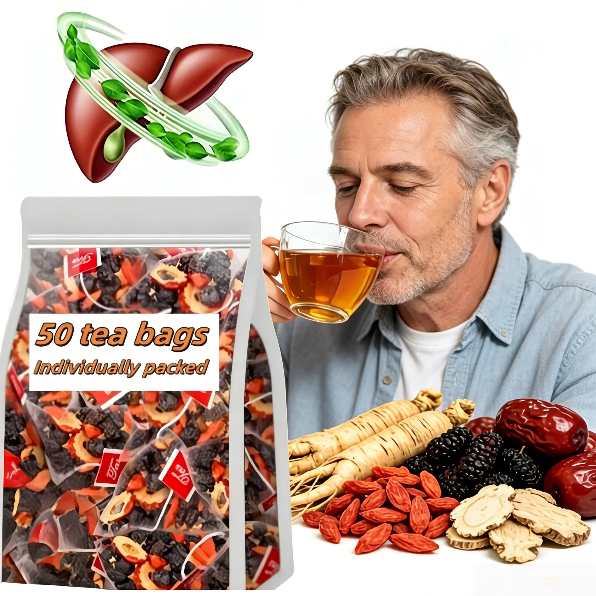 Kidney Tea Formula Ginseng Five Treasure Tea, Natural Herbal Formula Health Tea for Men & Women, Combination Scented Tea RedDate Wolfberry Tea Organic Beverage #Summervibes