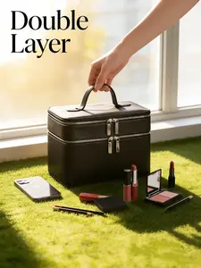 Double Layer Leather Makeup Bag with Dual Zippers and Top Handle, Large Capacity Beauty Storage Box, Travel Wash Bag for Skincare/bathroom Essentials, Travel Cosmetic Bag