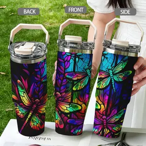 30oz Stainless Steel Insulated Tumbler, Dragonfly Print, Dual-Layer Vacuum, Portable Travel Drinkware Cup with Lid, Gift for Parents, Friends, Teachers