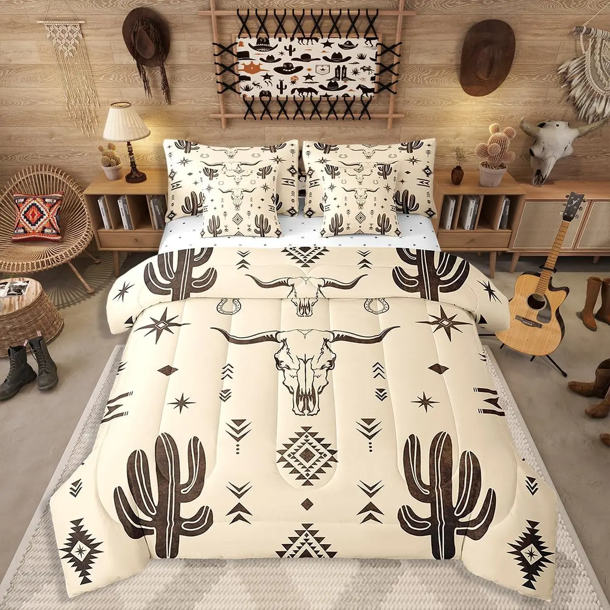 Feelyou 7-Piece Ultra-Soft Breathable Microfiber Bedding Set - All Seasons King & Multi-Size Cowboy Theme Bedspread, Vintage Southwestern Bohemian Geometric Cacti Bed-in-a-Bag with Bull Skull Sheets, Comforter (Note: Avoid Bleach or Soaking), Boho Bed Set