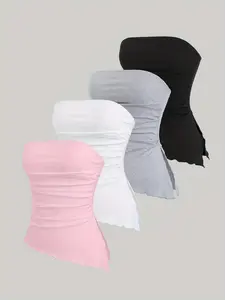 Women's Solid Color Casual Tube Top Tight Fitting Shirt Set, 4 Piece Set, Comfortable and Stylish, Perfect for Daily Wear