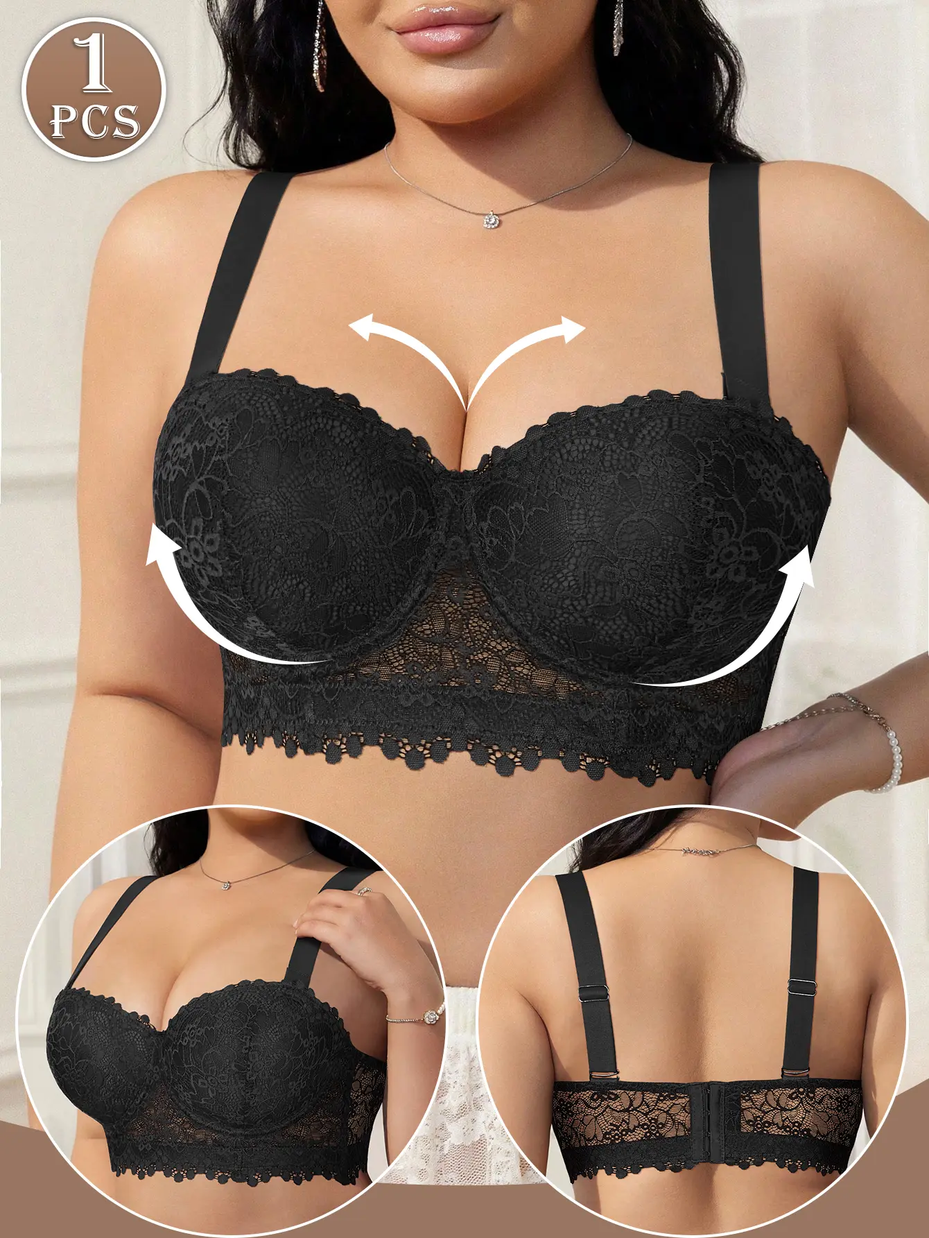 Women's Plus Size Floral Lace Push Up Underwire Minimizer Bra, Full Support, Adjustable Wide Straps, Wide Side Lift, Anti-Sag, Elegant Slimming Sexy U-Back, Comfort Breathable, Everyday Holiday Summer Outfits, SummerWins, DealsForYouDays