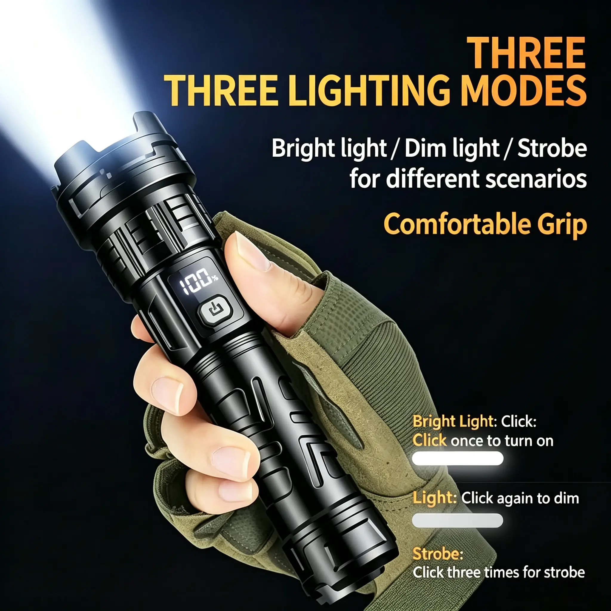 Rechargeable Super Bright Tactical LED Flashlight - Zoomable, Waterproof, with Digital Power Display for Camping, Emergency Use