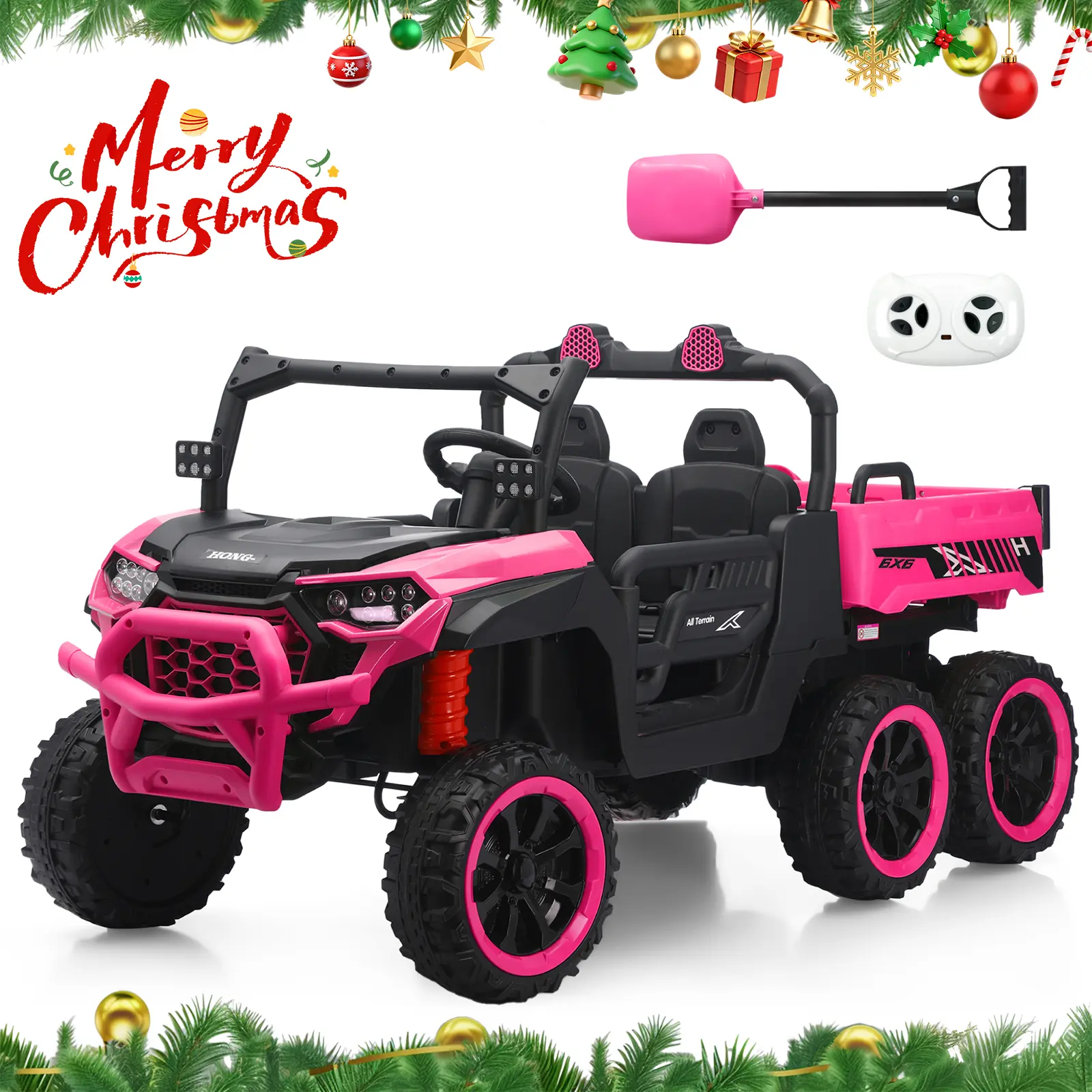HEIMILI 24V 2 Seater Ride On Dump Truck with Remote Control, Electric UTV Car with Electric Dump Bed, 2 Speed 4WD Power Ride Cars 6x6 Wheels Music, Storage Trunk for Boys Girls, Black Ride On Bulldozer Pink