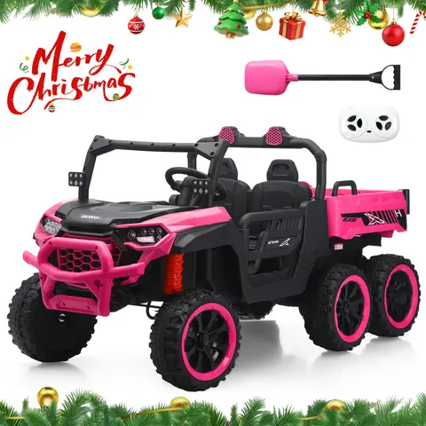 HEIMILI 24V 2 Seater Ride On Dump Truck with Remote Control, Electric UTV Car with Electric Dump Bed, 2 Speed 4WD Power Ride Cars 6x6 Wheels Music, Storage Trunk for Boys Girls, Black Ride On Bulldozer Pink