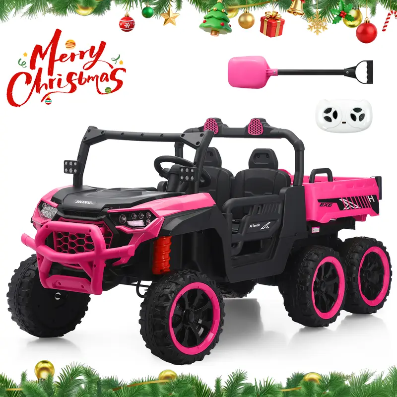 HEIMILI 24V 2 Seater Ride On Dump Truck with Remote Control, Electric UTV Car with Electric Dump Bed, 2 Speed 4WD Power Ride Cars 6x6 Wheels Music, Storage Trunk for Boys Girls, Black Ride On Bulldozer Pink