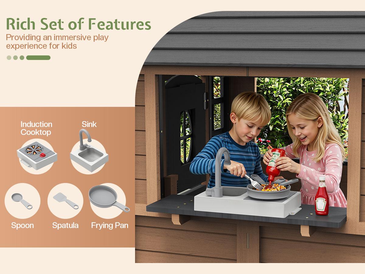 ALBOTT Kids Outdoor Wooden Playhouse with Kitchen Set, Durable Fir Wood Construction with Waterproof Roof & Rust-Resistant Hinges, Pretend Playhouse for 3–8 Years Old Boys & Girls