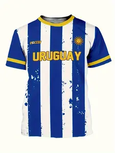 Men's Uruguay Football Jersey, Lightweight Breathable Short Sleeve Round Neck, Blue Striped, Casual Summer Wear, Durable Fabric