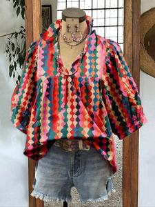 women's ruffled trim blouse, casual v neck nine-point sleeve top for summer, women's clothing for daily wear, boho floral print womenswear