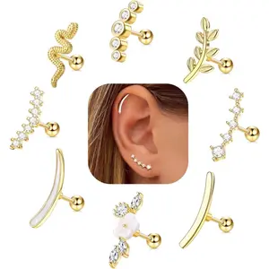 8 PCS 16G Cartilage Earrings Helix Piercing Jewelry for Women Stainless Steel Opal CZ Conch Daith Tragus Piercing Jewelry Flower Snake Leaf Screw Back Stud Earrings Set