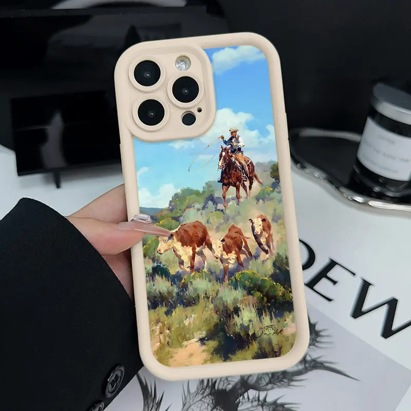 Cowboy Herding Cattle Smartphone Case - Handheld Cellphone Protection for iPhone 11,12,13,14,15 Plus,16 Pro,17 Pro Max,17 Air, Soft TPU Silicone, Shockproof, Scratch-Resistant, Full Screen Coverage, Fun Stylish Design, Cool Gadget Gift for Men, Casing