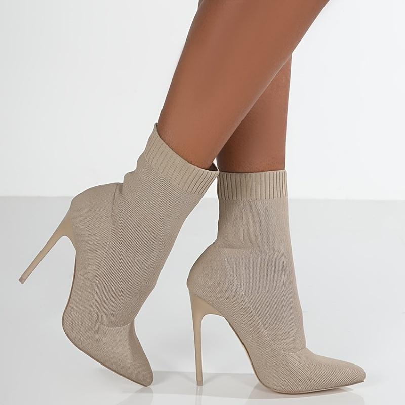 Casual Mid-Calf 1pr Sock Boots - Solid Color Slip-On Pointed Toe Stiletto Heels with Knitted Fabric Upper, Inner & Sole, Flannel Insole - All-Season Stretchy Knit Ankle Booties Open Toe Thick Soled Knitted Sandals Women's Comfortable Footbed Sandals