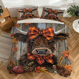 2/3Pcs Cute Highland Cow Printed Quilt Set, Comfortable and Breathable Bedding Set (1 Quilt Set, 1/2 Pillowcase, without Pillow Core), Zipper Closure, Perfect for Bedroom, Dormitory, and Theme Hotel Decoration