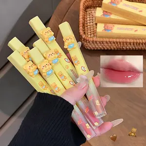 6-piece set Cheese Bear Mirror Lip Gloss, Moisturizing Gloss, low-saturation nude shades, translucent glossy plump lips, brightening lipstick