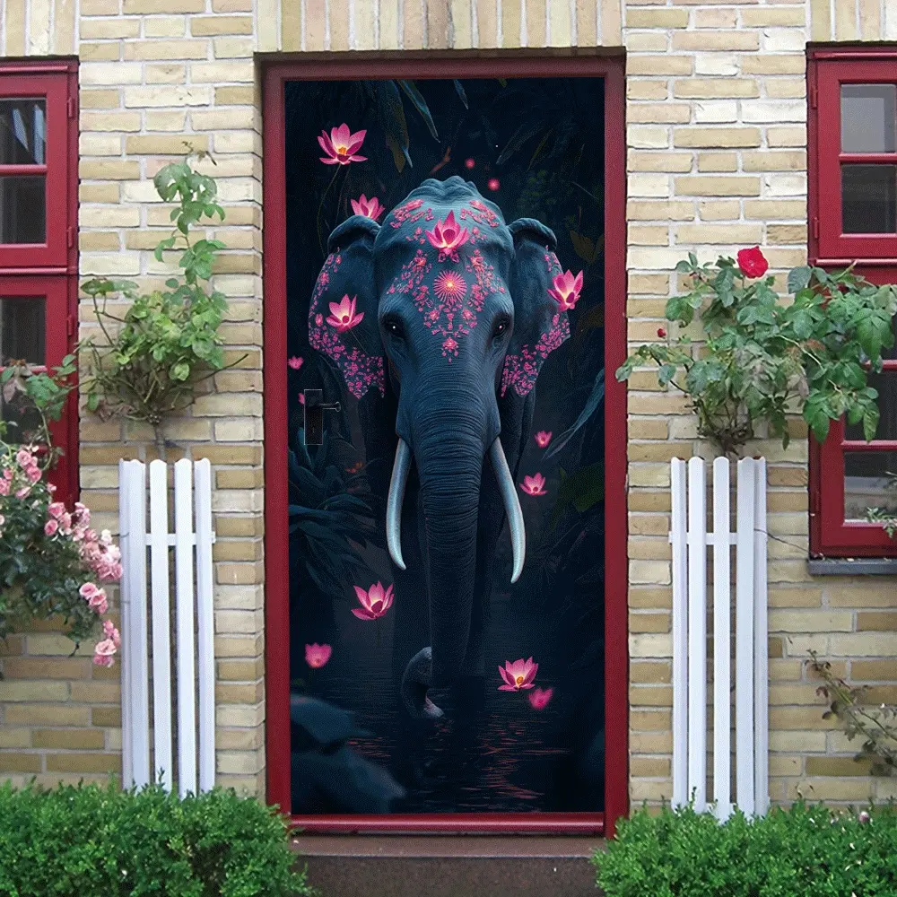 Elephant with Lotus Flower Wall Sticker for Home Decor Removable Vinyl Decal for Living Room Bedroom Door Nursery Kids Room