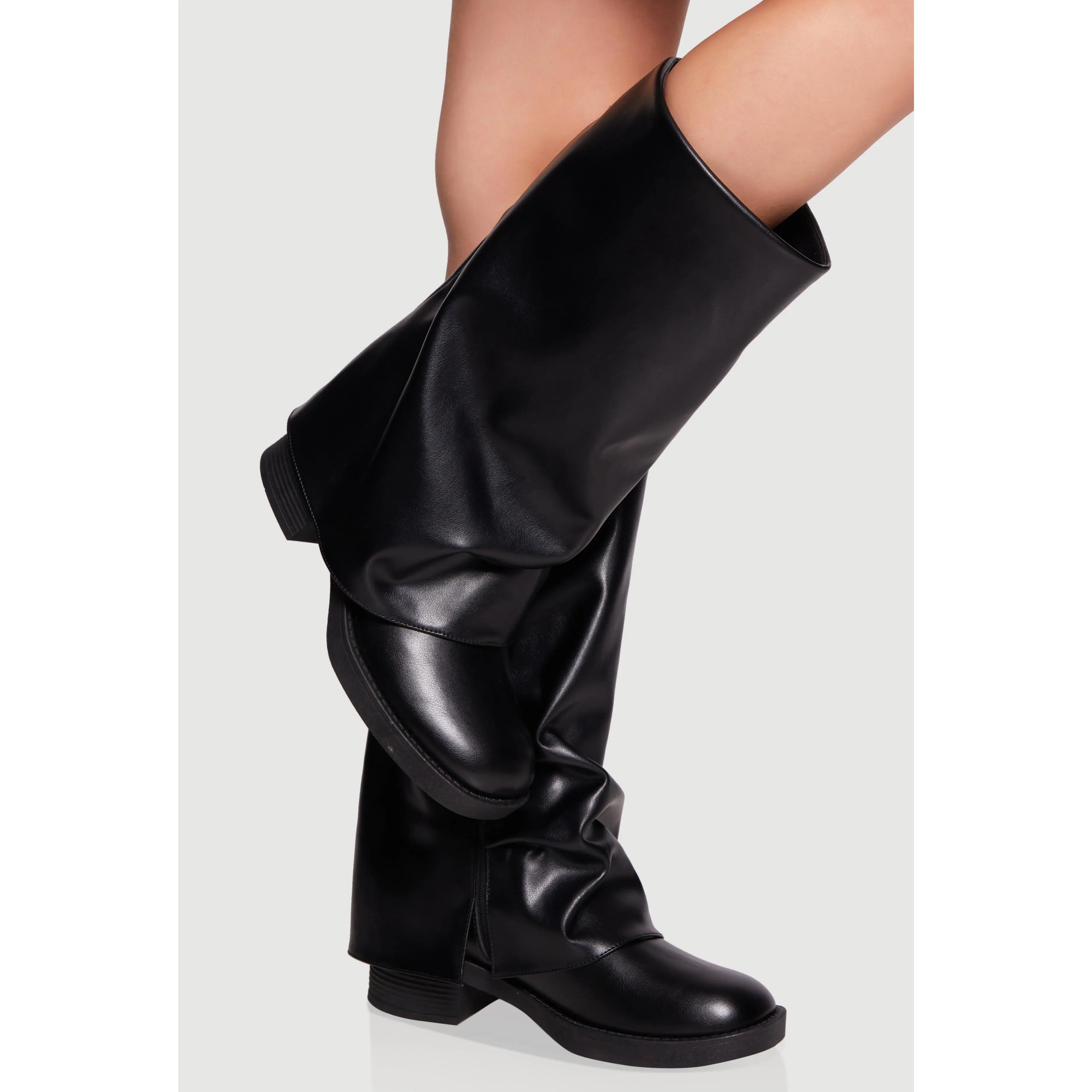 Mid Calf Block Heel Fold Over Boots