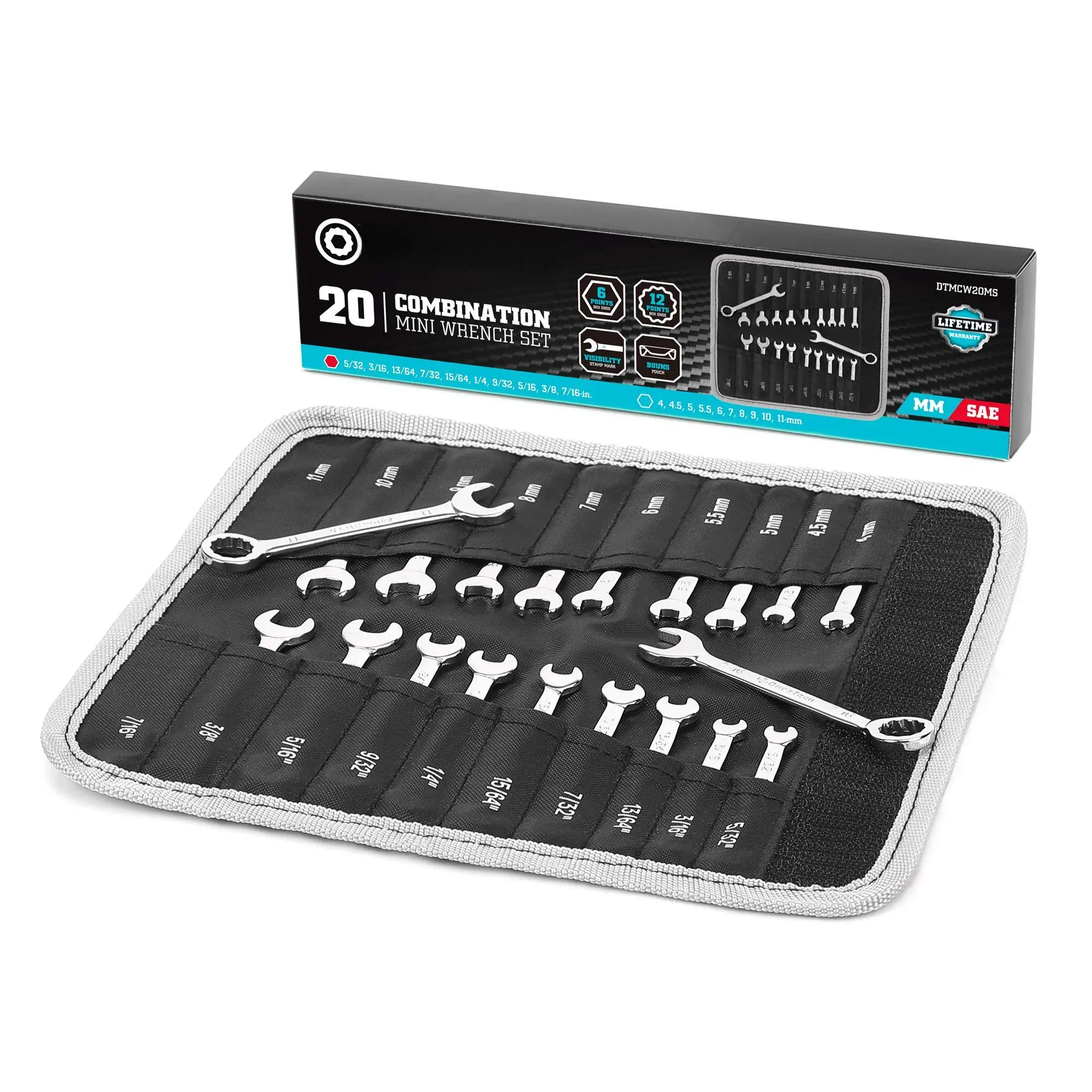 Mini Wrench Set  Midget Combination 20-piece Metric & Sae 4-11mm 5/32" - 7/16" Lightweight With Rolling Pouch