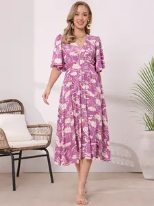 INSPIRE CHIC Floral Midi Dress Women's Summer Flutter Sleeve V Neck Flowy Vacation Dresses