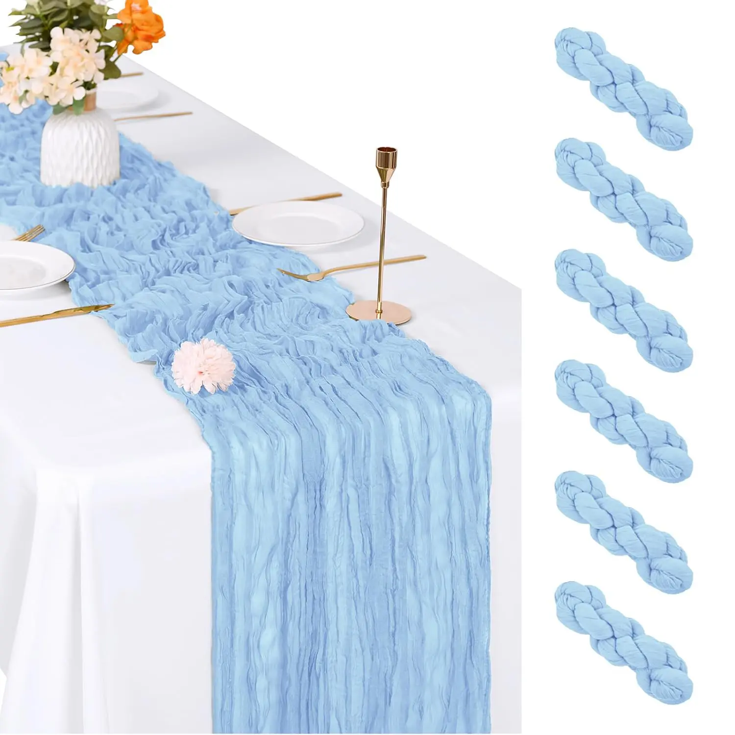 10 Pack Light Blue 9FT Table Runner ,17*108inch Cheesecloth Boho Gauze Cheese Cloth Light Blue Table Runner Rustic Sheer Runner Long for Christmas Wedding Bridal Baby Shower Birthday Table Decorations