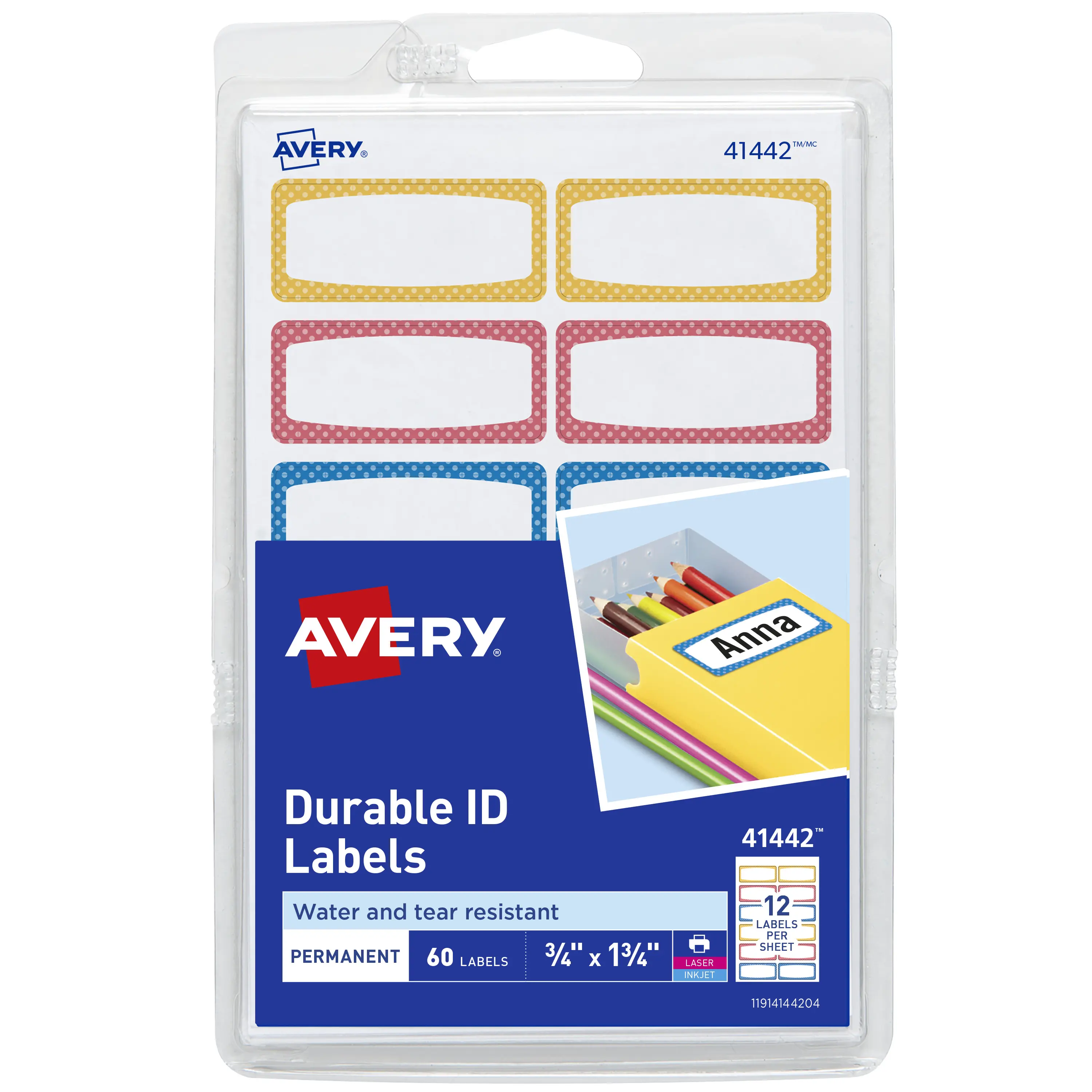 Avery Durable Labels for Kids' Gear, 3/4" x 1-3/4", Assorted Border Colors, Water-Resistant Labels, Writable and Printable Labels, 60 Labels Per Pack, 3-Pack, 180 Rectangle Labels Total (31442)