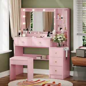 TOKSOM Vanity Desk with Mirror and Replaceable Lights Set with 5 Storage Drawers Power Outlet & Chair with RGB Ambient Light Adjustable Brightness for Girls Bedroom Large Corner Desk Vanity Makeup Vanity Desk vanity mirror White