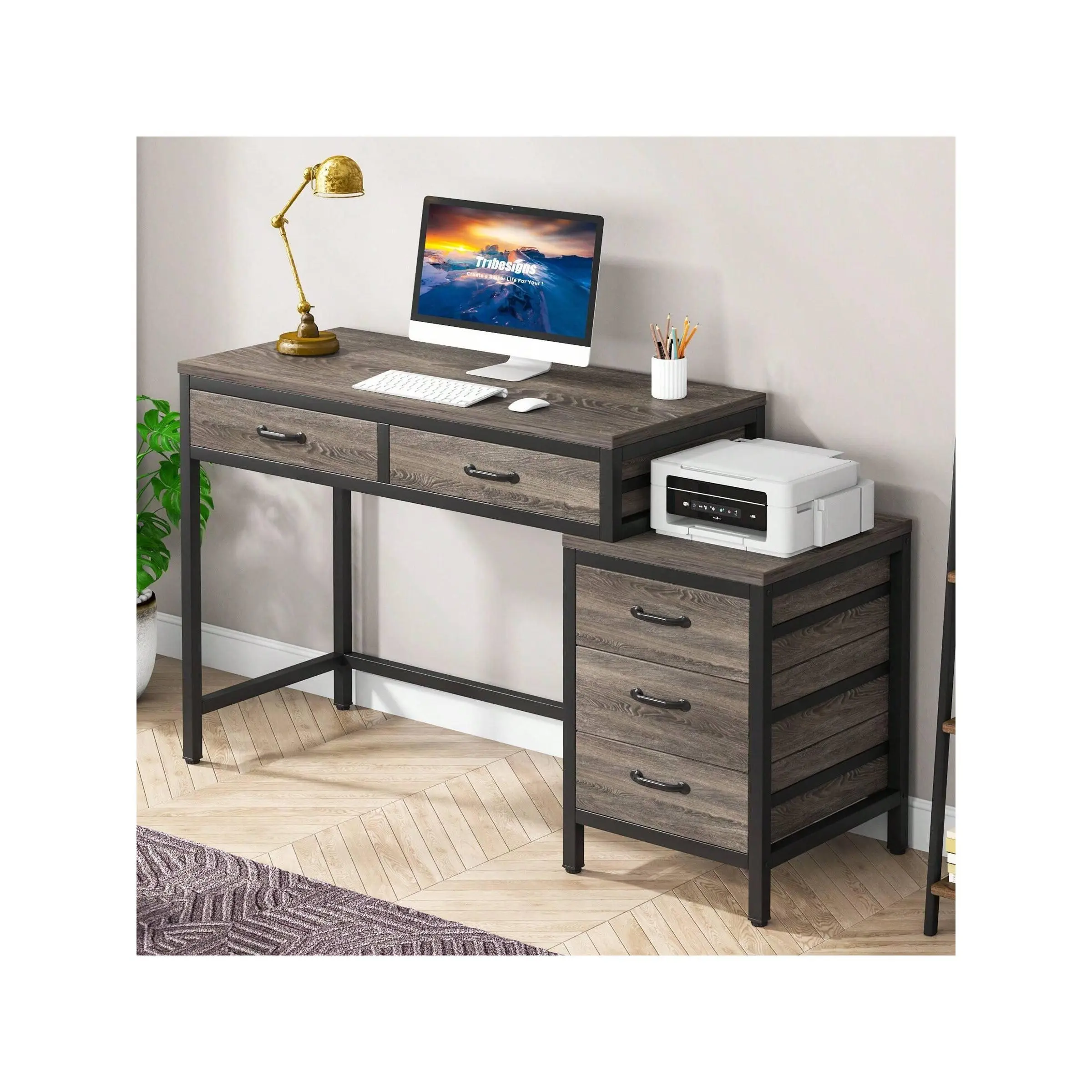 High quality  Tribesigns Computer 5 Drawers Home Office Writing Reversible Drawer Cabinet Printer Stand Industrial PC Desk With Storage White