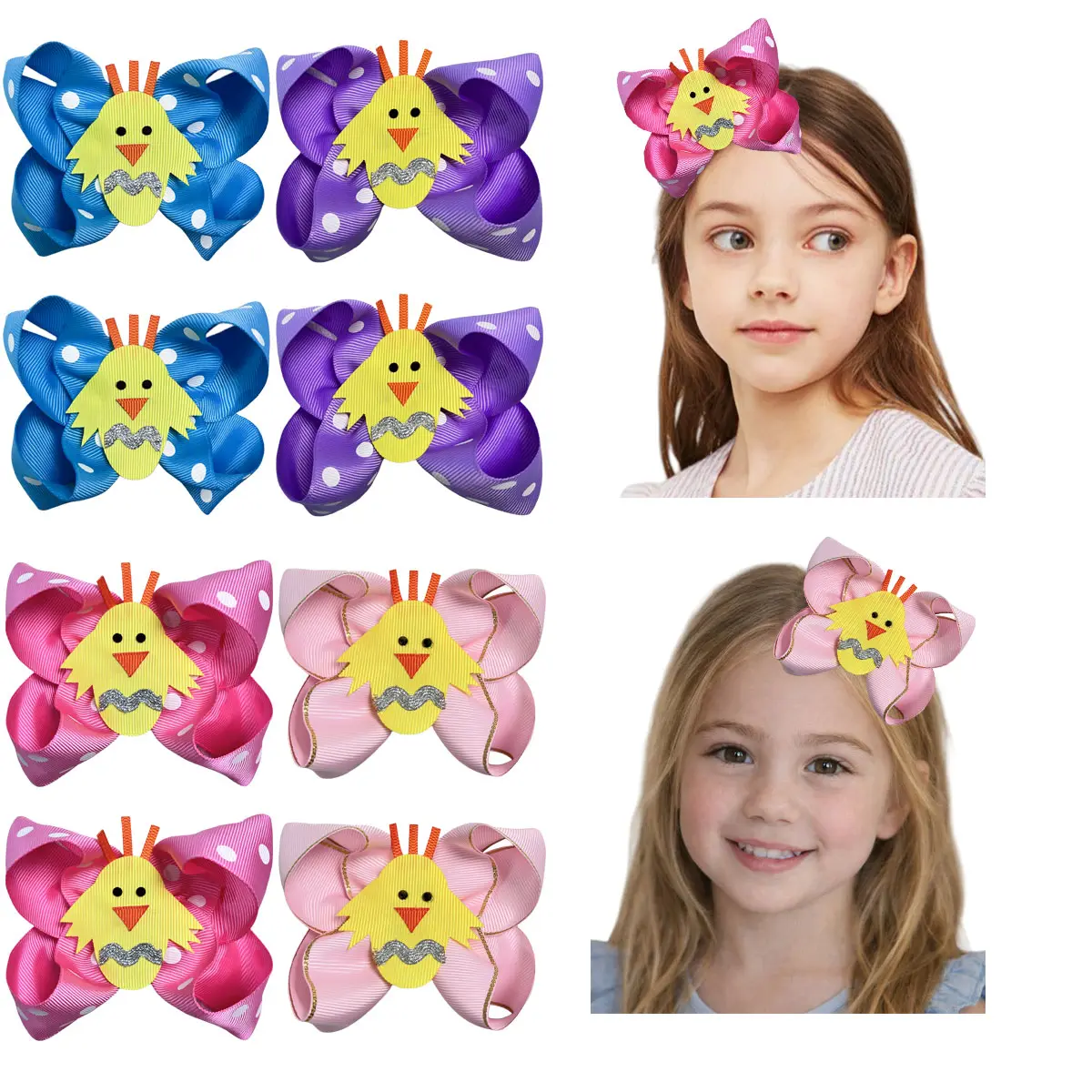 JoyBowie 8pcs Easter Chick Bow Hair Clips for Girls, Hatching Baby Chick Ribbon Bows with Alligator Barrettes, Handmade Polka Dot Toddler Hair Accessories, Spring Holiday Party Accessories