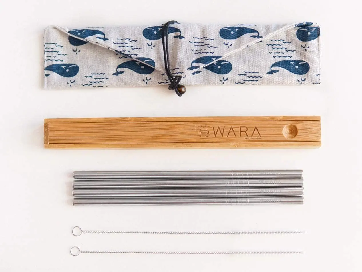 WARA Reusable Metal Straws with Cases - Portable Travel Set, Includes 4 Stainless Steel Drinking Straws + 1 Bamboo Case + 1 Whale Printed Cotton Pouch + 2 Cleaning Brushes