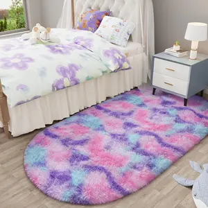 Round/Oval Rug Fluffy Soft Area Rugs for Princess Castle Plush Shaggy Carpet Cute Circle Nursery Rug for Kids Girls Bedroom Baby Room Home Decor Circular Carpet,Rainbow,Pink-purple,Blue-purple,2x5, 2.6x5.2,5x5, 6x6 Feet