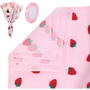 20 Sheets  Strawberry Flower Wrapping Paper, Matte Korean Florist Floral Bouquet Wrapping Paper Ribbon,  Flower Wrap for Bouquets Gifts Girl Birthday Wedding Bridal Shower Thanks Giving