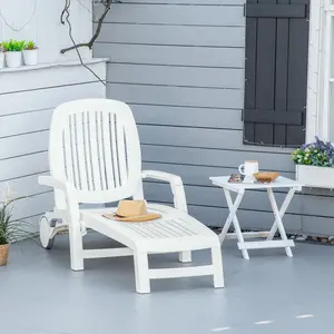 Outdoor Chaise Lounge Chair on Wheels with Storage Box, Waterproof Lounger with Quick Assembly, Folding Design, 5 Level Adjustable Backrest for Pool, Beach, Patio, Garden, White