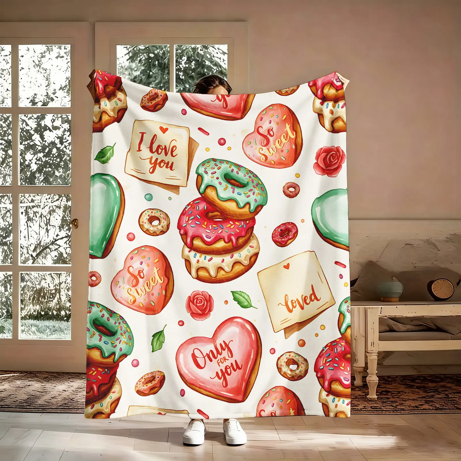 Sweet Donut Love Quote Print Blanket, 1 Count Soft Flannel Fleece Throw Blanket, Air-Conditioned Room Blanket for Sofa Bed
