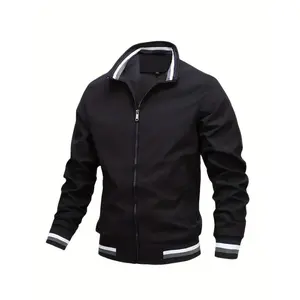 Lightweight long sleeved men's jacket with stand up collar, zipper, pockets, striped pattern, suitable for outdoor activities in spring and autumn