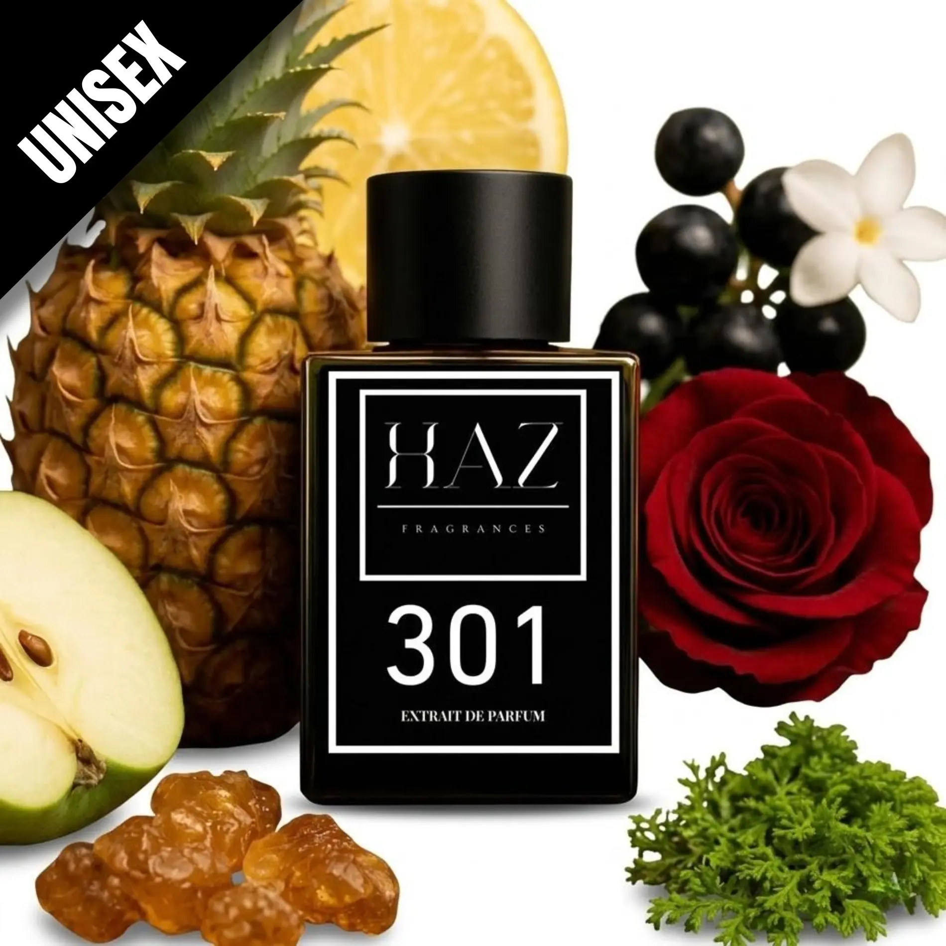 HAZ FRAGRANCES 301 Extrait de Parfum - Citrus Unisex Fruity Floral Fragrance, Bold Confident Scent with Bergamot, Pineapple, Blackcurrant for Modern Leaders, Citrus Unisex Fragrance