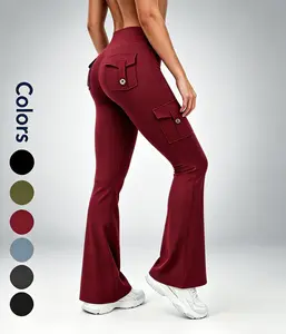 Women's High Waisted Flare Leggings with Hidden Scrunch & Pockets, No Front Seam Cargo Yoga Pants for Workout Fitness