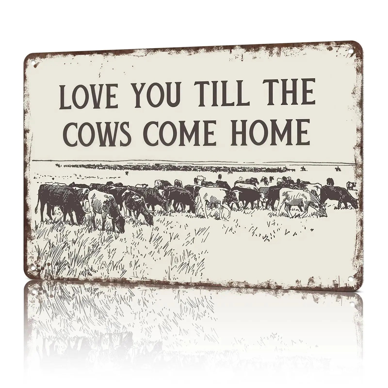 Classic Western Eclectic Rustic Metal Plaque - Vintage "I Love You Till The Cows Come Home" Black & White Cowboy Tin Sign, Southwestern Animal Wall Decoration, 8x12 in Home Decor Products with Pre-Drilled Hole for Bedroom/Dorm Signage