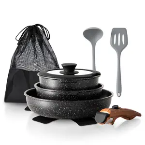 Kitchen Academy 10-Piece Black Detachable Handle Induction Cookware Set with Nonstick Granite Coating & Complete Utensils for RV Camping