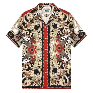Red Baroque Pattern Camp Collar Casual Shirt for Men