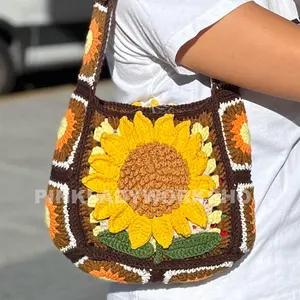 Crochet Sunflower Granny Square Shoulder Bag: Handmade Yarn Purse