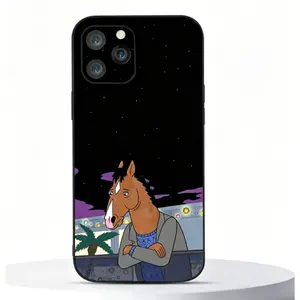 Fun cartoon BoJack Horseman liquid metal phone case, compatible with iPhone 17, 16, 15, 14, 13, and 12, made of black soft silicone.
